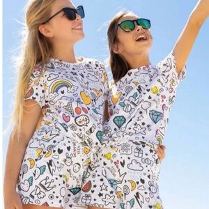 Lola + The Boys White Short Sleeve Tee with Rainbow & Multicolor Doodle Print